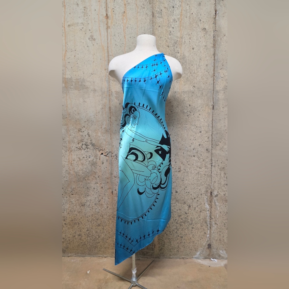 Didu Blue One-Shoulder Dress with Artistic Print